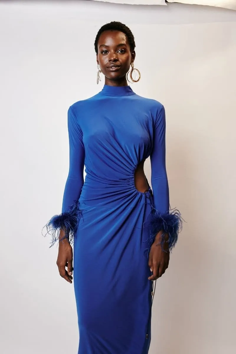 BLUE CUT-OUT MAXI DRESS WITH GATHERING AND FEATHERS