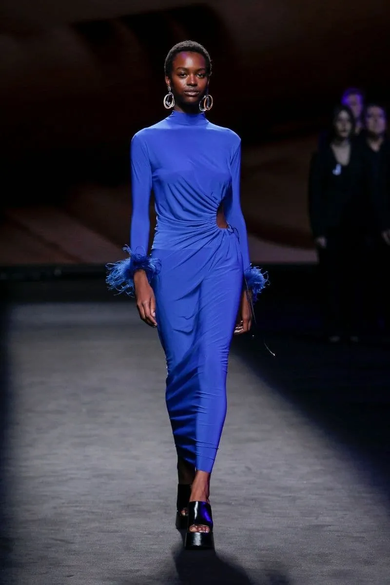 BLUE CUT-OUT MAXI DRESS WITH GATHERING AND FEATHERS