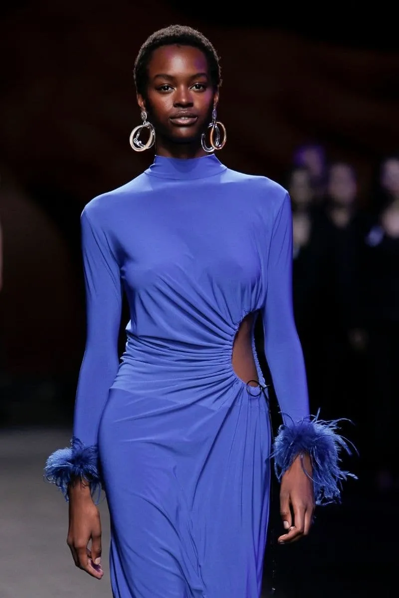BLUE CUT-OUT MAXI DRESS WITH GATHERING AND FEATHERS
