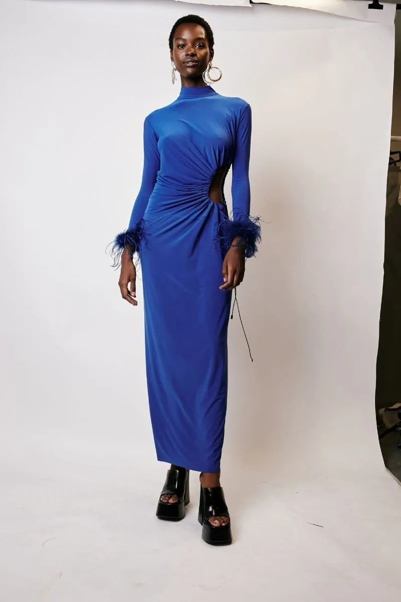 BLUE CUT-OUT MAXI DRESS WITH GATHERING AND FEATHERS