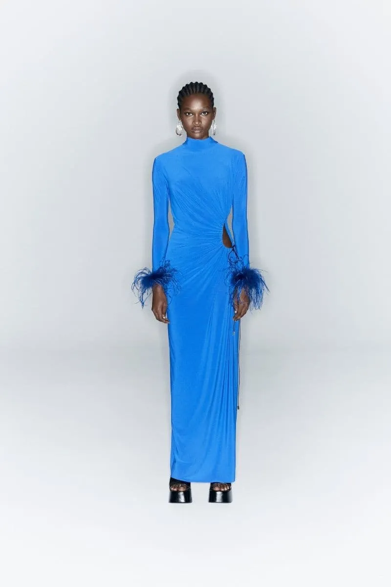 BLUE CUT-OUT MAXI DRESS WITH GATHERING AND FEATHERS