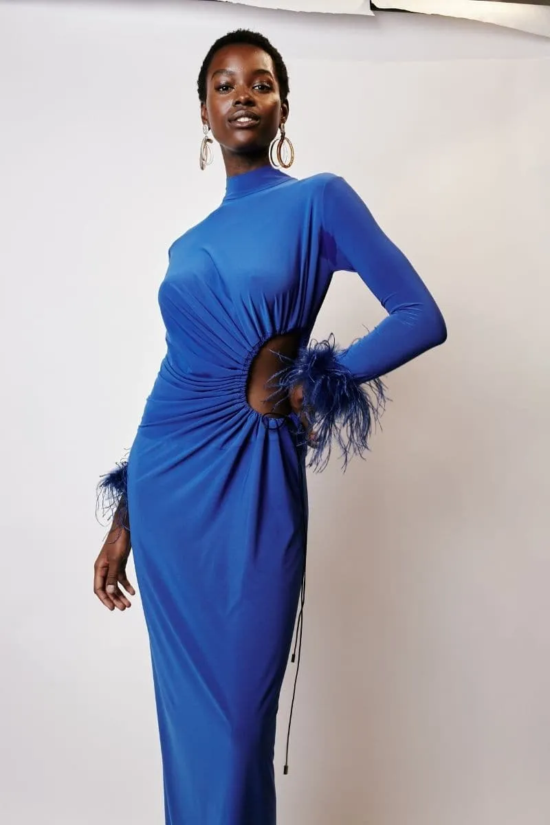 BLUE CUT-OUT MAXI DRESS WITH GATHERING AND FEATHERS