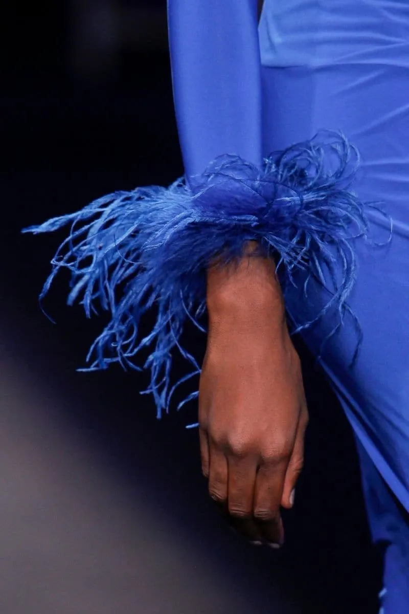 BLUE CUT-OUT MAXI DRESS WITH GATHERING AND FEATHERS