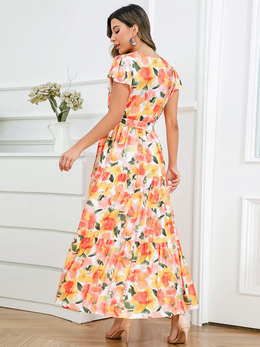 Bohemia Floral Printed Ruffles Sleeves V Neck Maxi Boho Dress