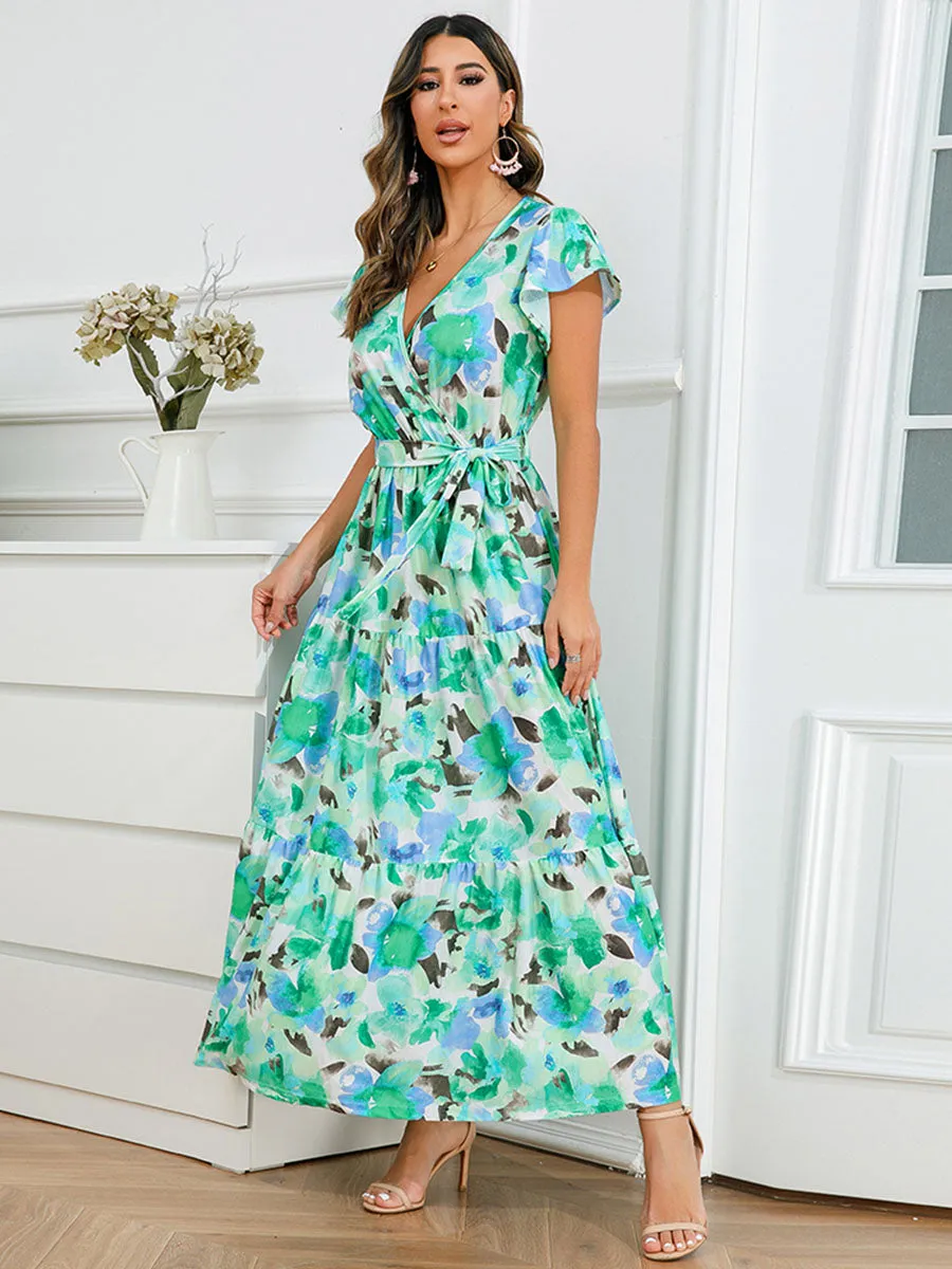 Bohemia Floral Printed Ruffles Sleeves V Neck Maxi Boho Dress