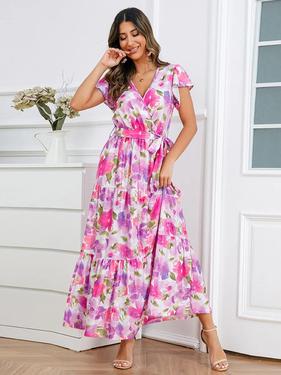 Bohemia Floral Printed Ruffles Sleeves V Neck Maxi Boho Dress
