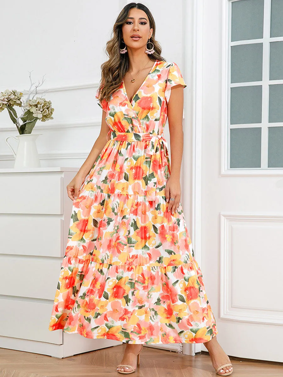 Bohemia Floral Printed Ruffles Sleeves V Neck Maxi Boho Dress