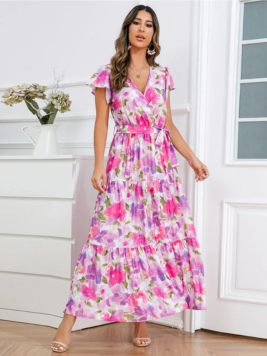 Bohemia Floral Printed Ruffles Sleeves V Neck Maxi Boho Dress