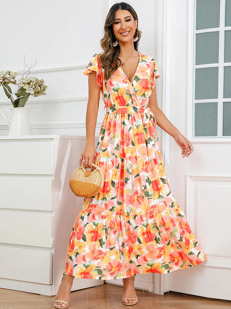 Bohemia Floral Printed Ruffles Sleeves V Neck Maxi Boho Dress