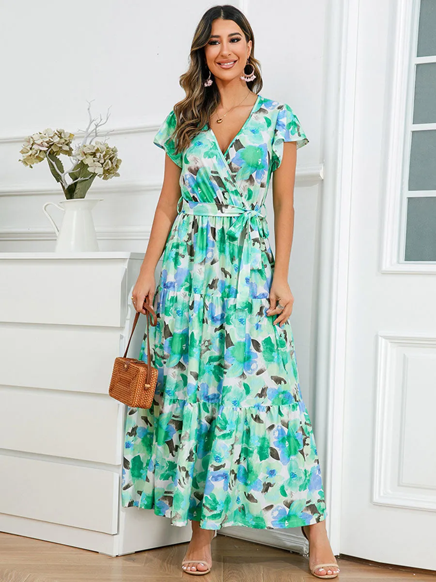 Bohemia Floral Printed Ruffles Sleeves V Neck Maxi Boho Dress