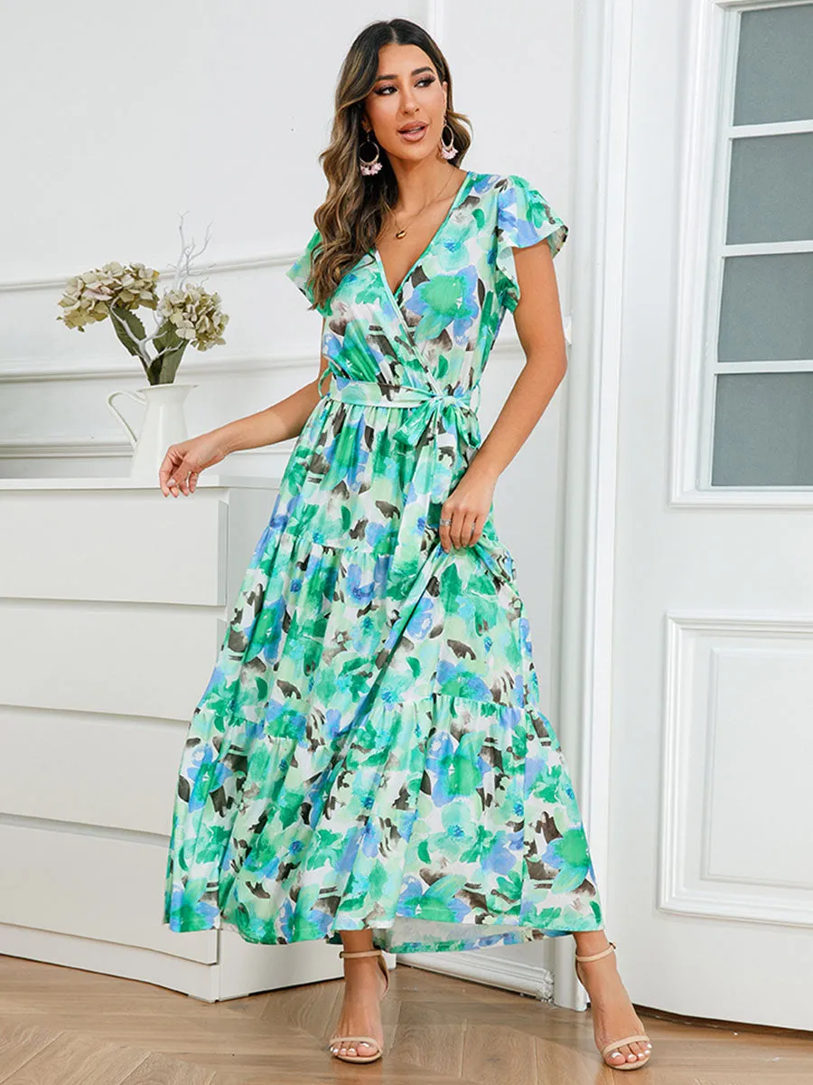 Bohemia Floral Printed Ruffles Sleeves V Neck Maxi Boho Dress