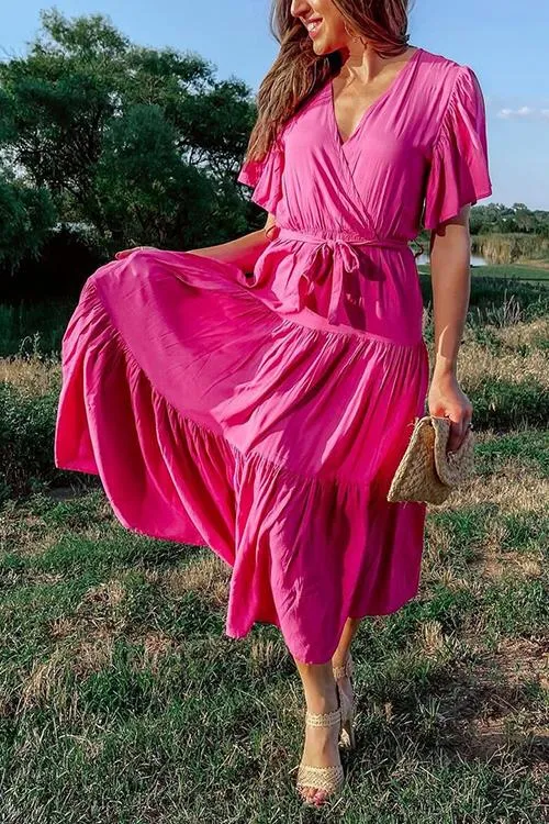 Flytonn-Black Friday Sale - Solid Ruffles Belted Maxi Dress