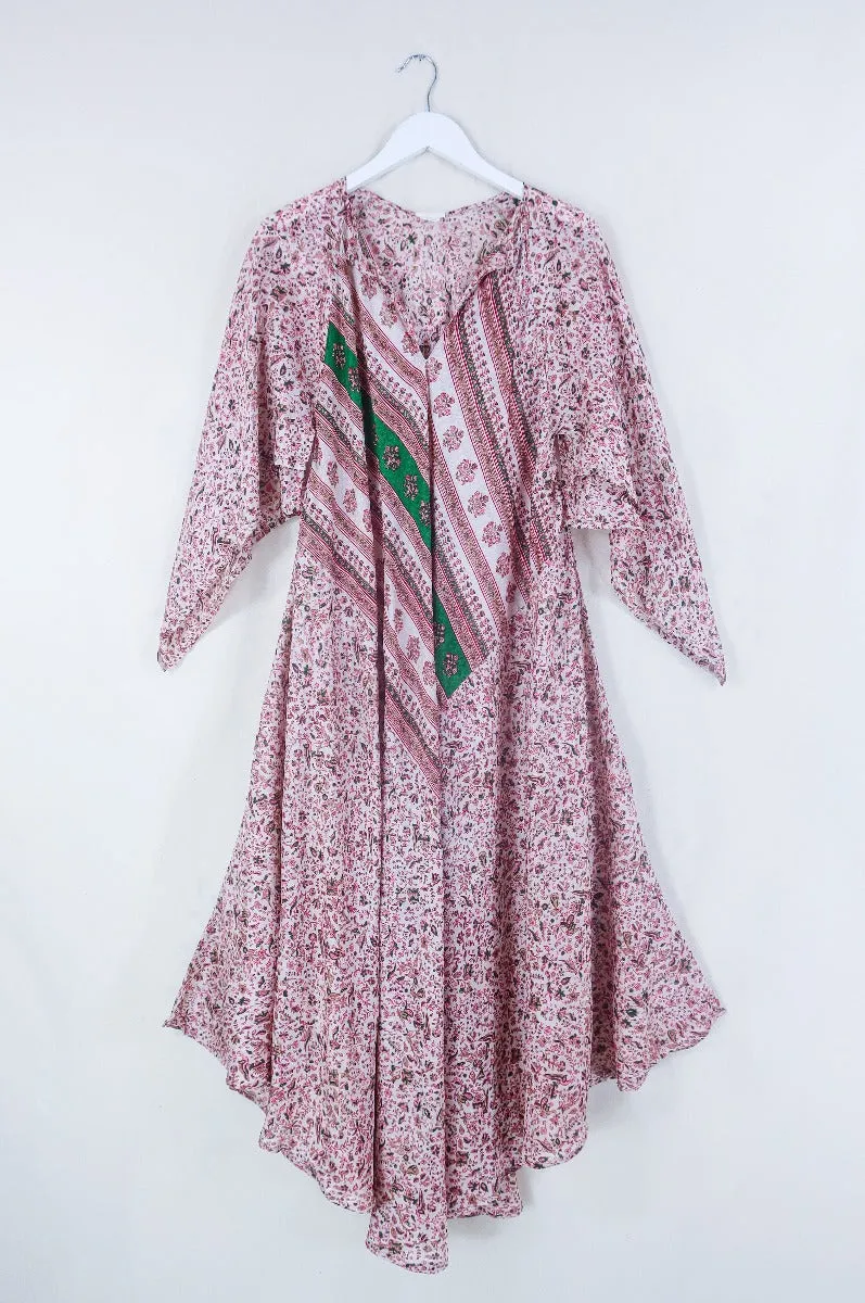 Goddess Dress - Powder Pink & Emerald Regal Floral - Indian Pure Silk Sari - Free Size