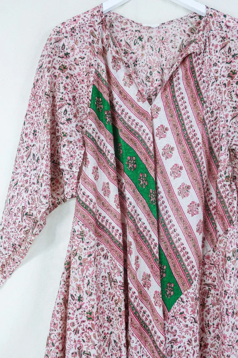 Goddess Dress - Powder Pink & Emerald Regal Floral - Indian Pure Silk Sari - Free Size