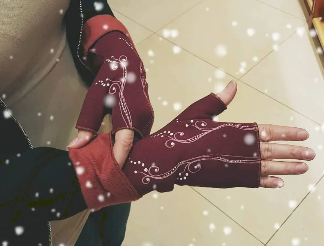 Handmade Fingerless Wrist Warmer Gloves With Handpainted Pattern