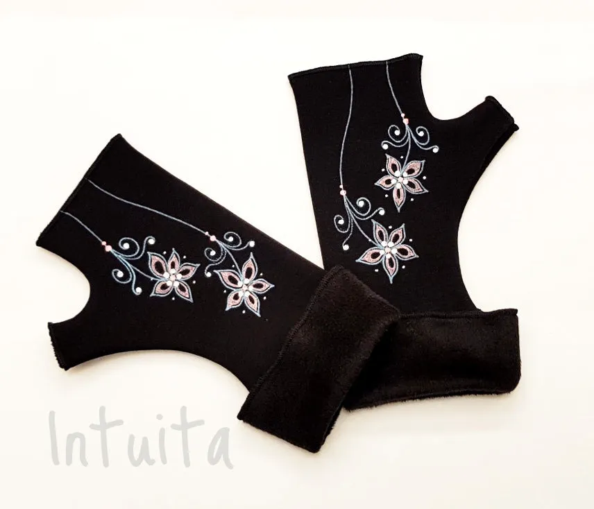 Handmade Fingerless Wrist Warmer Gloves With Handpainted Pattern