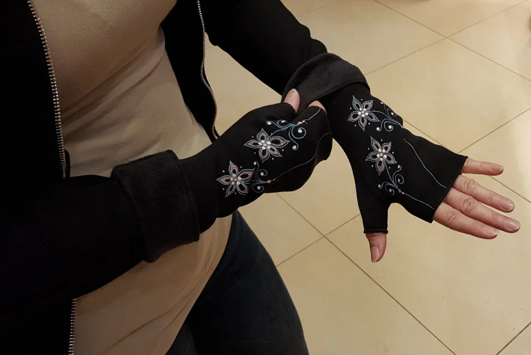 Handmade Fingerless Wrist Warmer Gloves With Handpainted Pattern