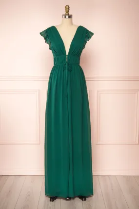 Leony Emerald | V-Neck Chiffon Maxi Dress