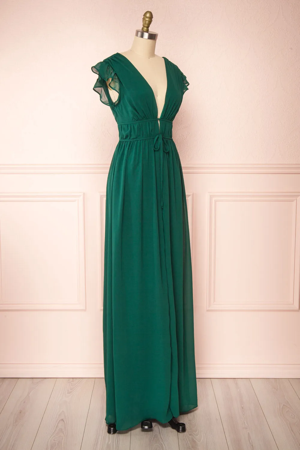 Leony Emerald | V-Neck Chiffon Maxi Dress