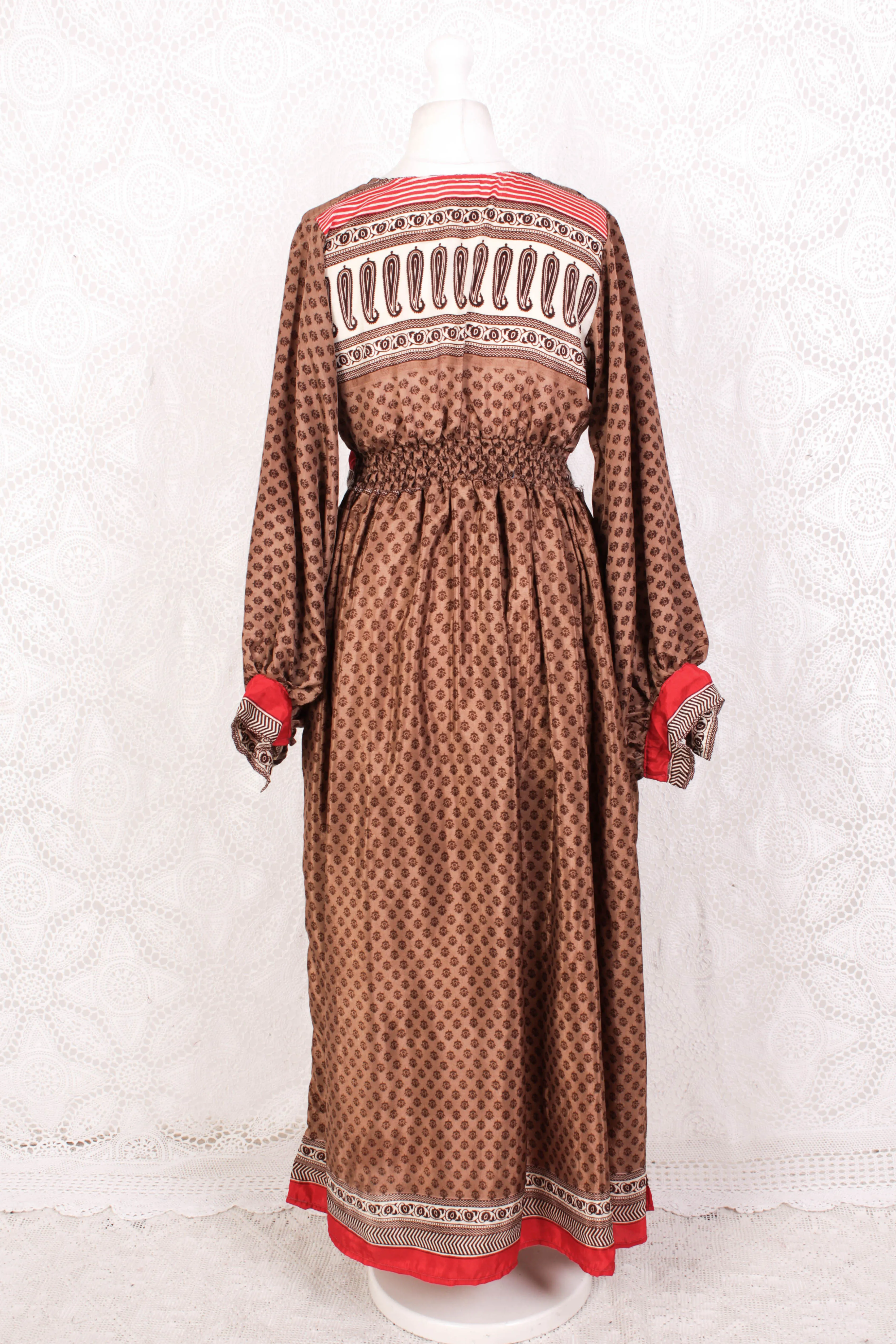 Rosemary Maxi Dress - Vintage Indian Sari - Hazelnut & Red Floral Paisley - S/M