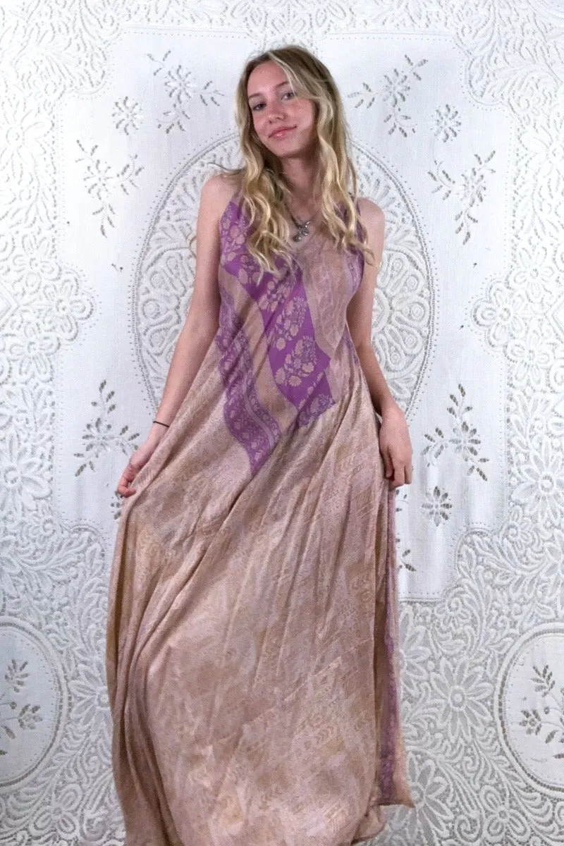 Siren Maxi Dress - Powdered Peach & Lilac Wildflower - Vintage Indian Silk - XS-L