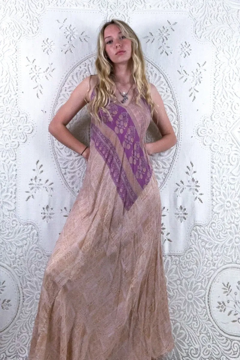 Siren Maxi Dress - Powdered Peach & Lilac Wildflower - Vintage Indian Silk - XS-L