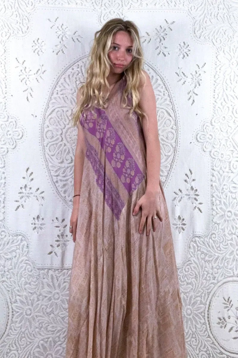 Siren Maxi Dress - Powdered Peach & Lilac Wildflower - Vintage Indian Silk - XS-L