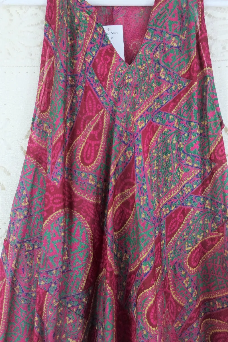 Siren Maxi Dress - Raspberry Pink & Jade Paisley - Vintage Indian Silk - XS-M/L