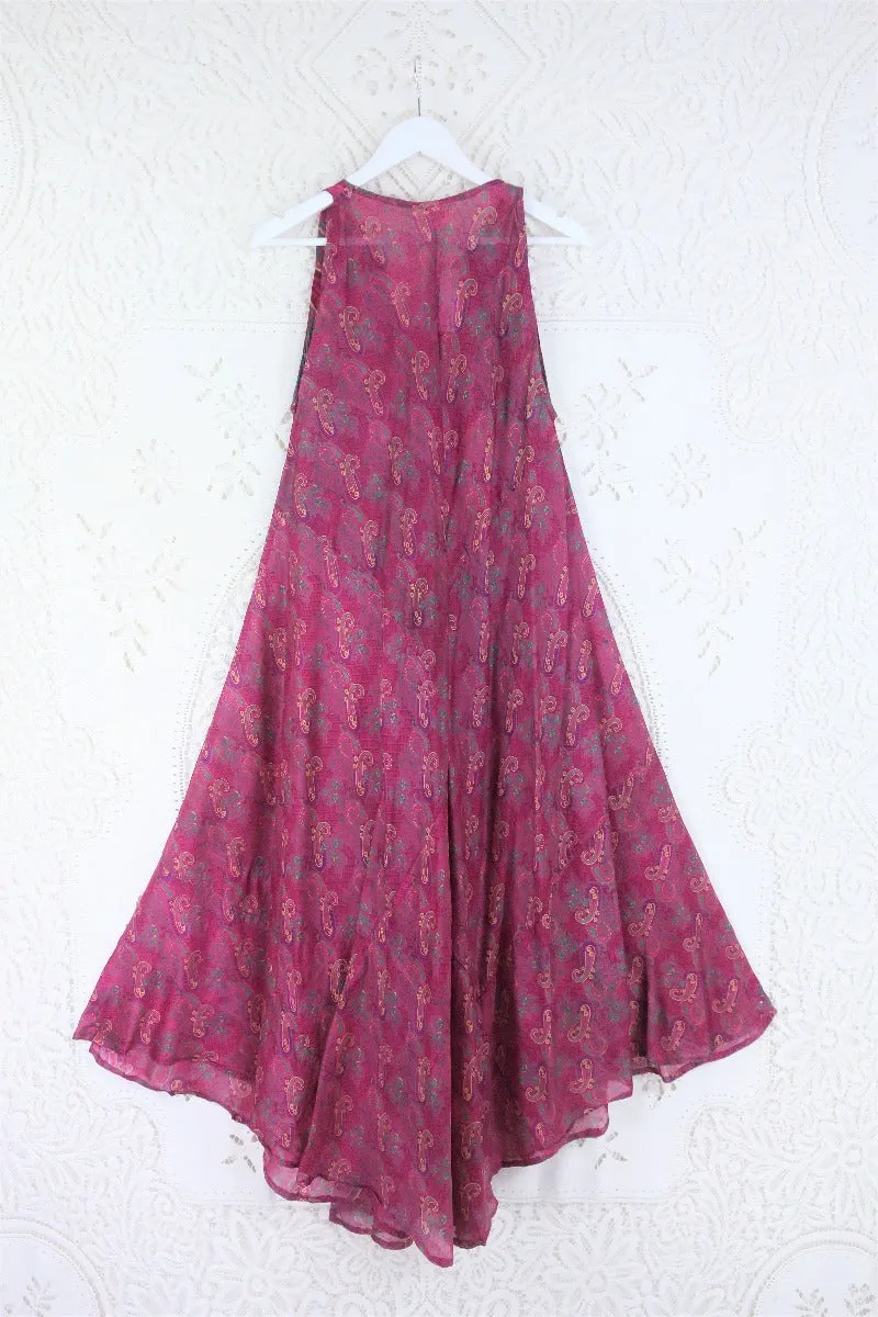 Siren Maxi Dress - Raspberry Pink & Jade Paisley - Vintage Indian Silk - XS-M/L