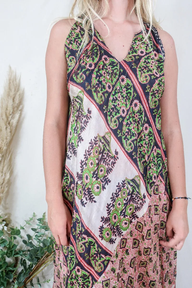 Siren Maxi Dress - Taupe and Midnight Block Print Floral Ikat - Vintage Indian Silk - M/L
